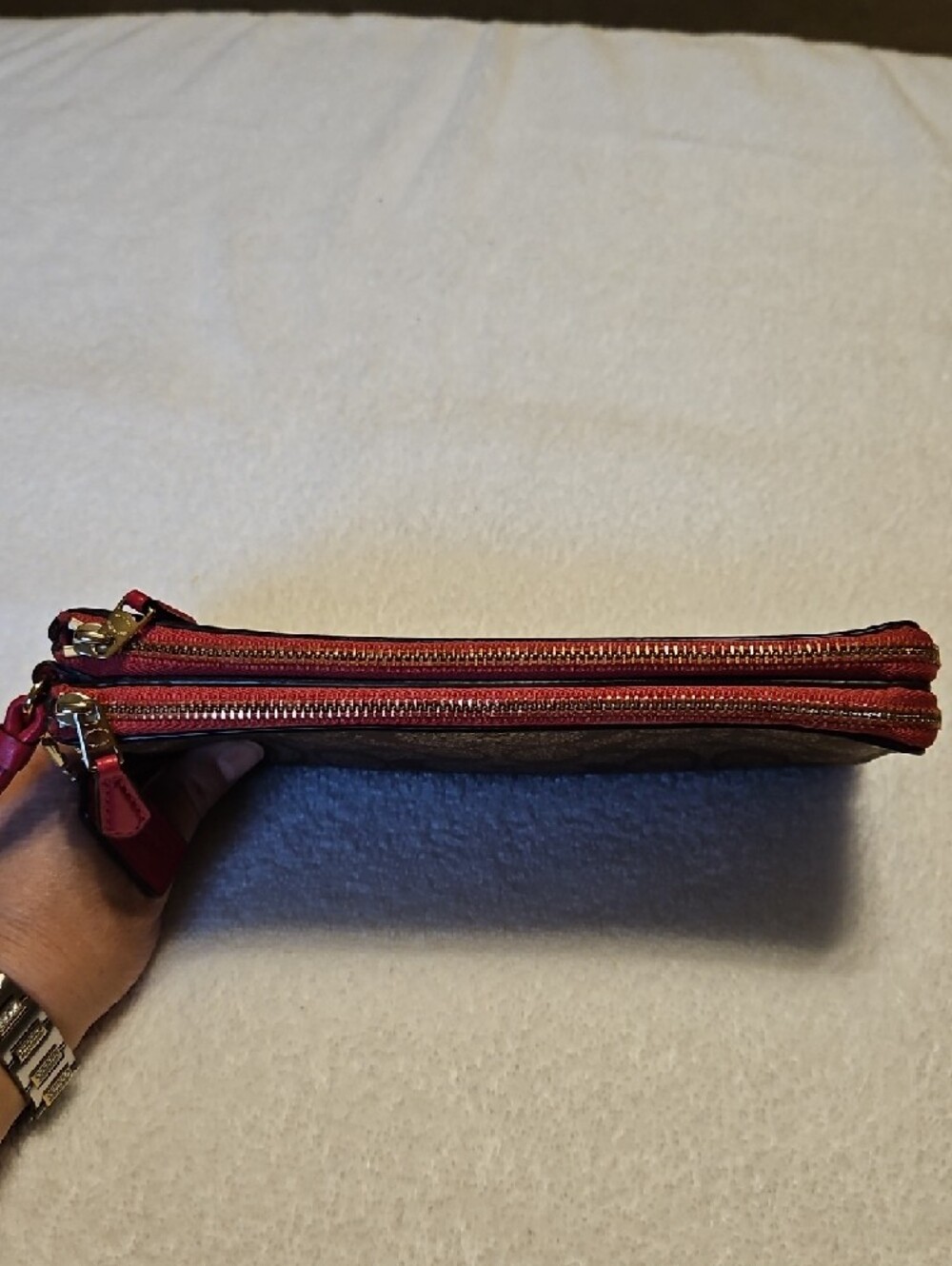 Coach Brown Signature Canvas Wristlet with Red Trim - Picture 3 of 10